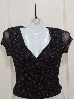 Aeropostale Floral Mesh Babydoll Top Women's M Black Sheer Bow Short Sleeve